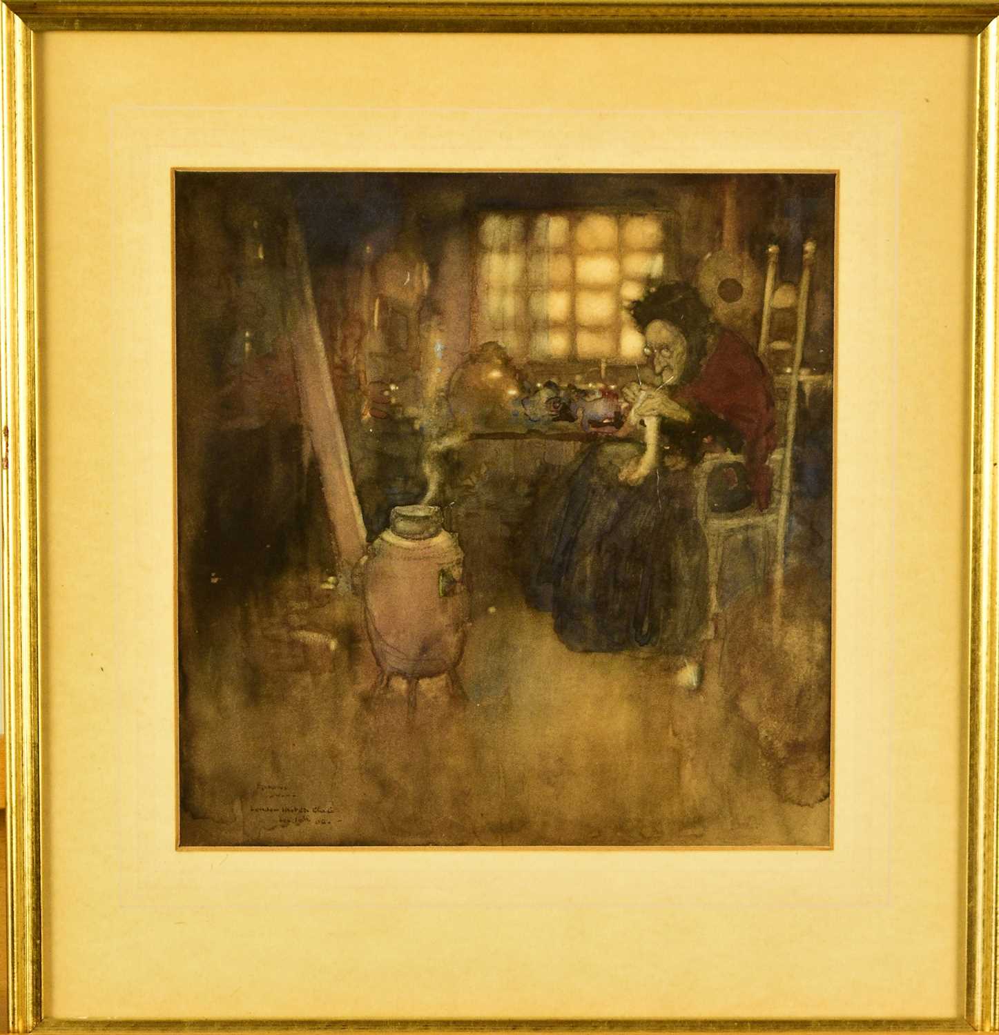 Edmund Dulac (1882-1953) Old Woman Knitting in front of a Brazier - Image 2 of 3