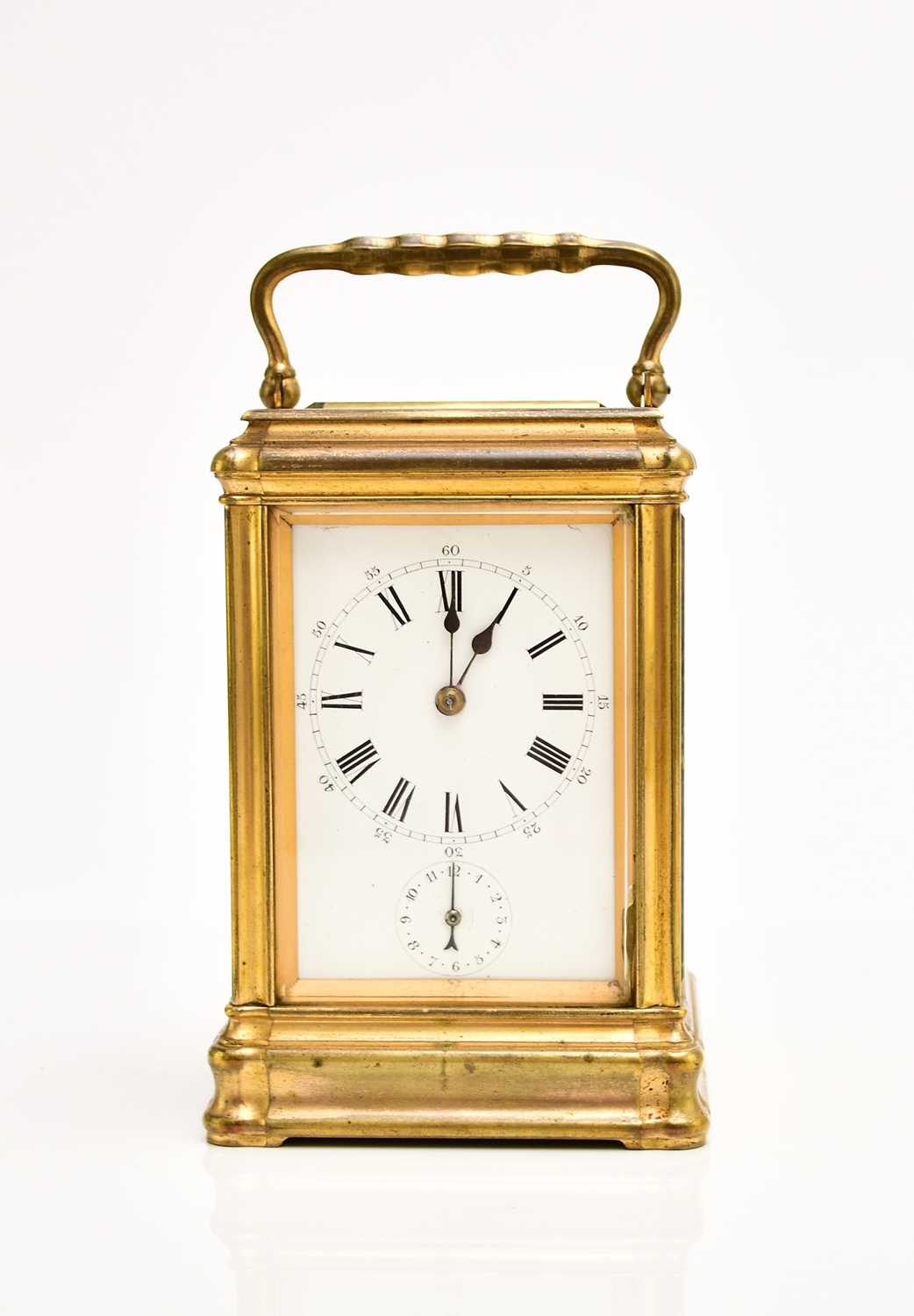 A late 19th century French gilt brass Grand Sonnerie carriage clock with repeat and alarm