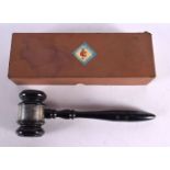 A VINTAGE SILVER MOUNTED GAVEL. 28 cm long.