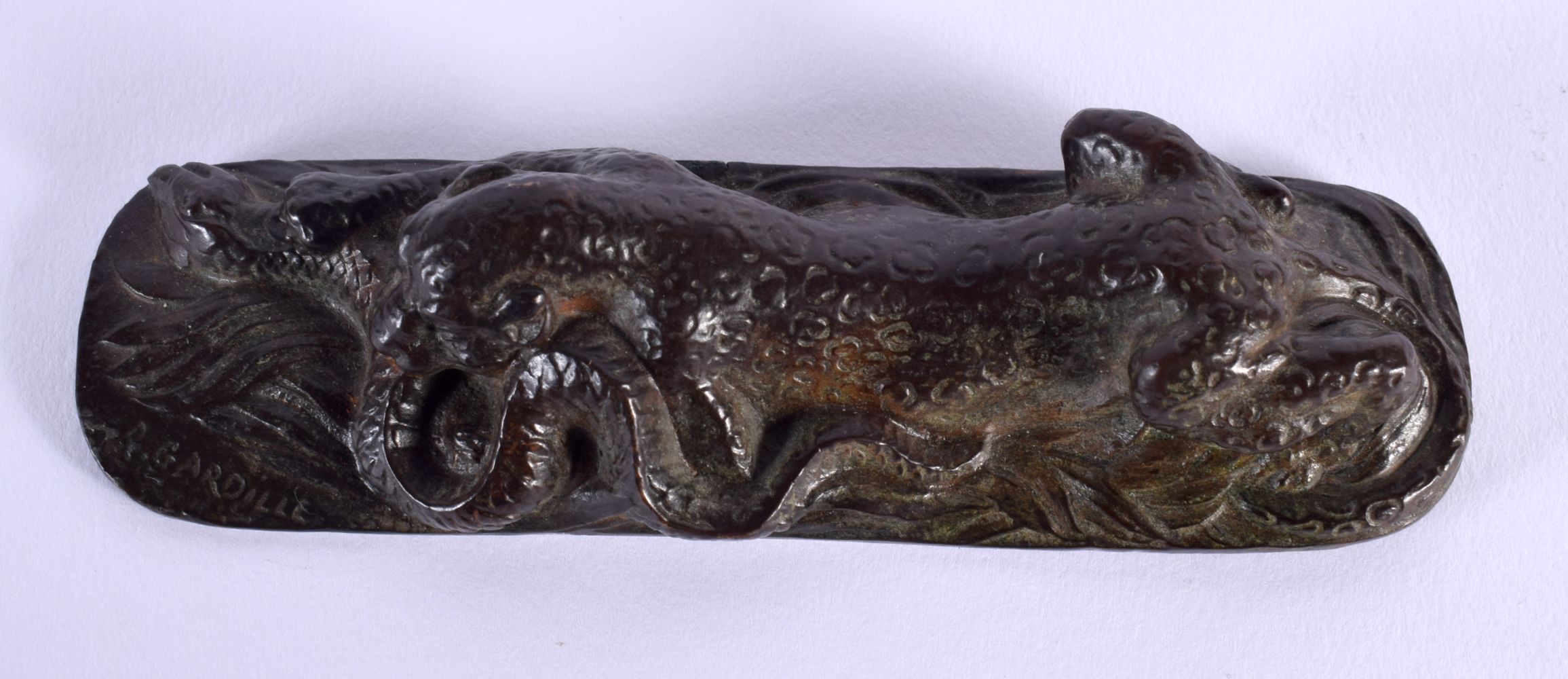 R Gardille (C1920) Bronze, Cheetah with snake. 12 cm wide. - Image 3 of 4