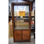 A large antique Chinese walnut burr veneer framed glass display cabinet 178 x 82 x 31 cm.