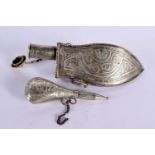 AN ANTIQUE PERSIAN SILVER POWDER FLASK and similar scent bottle. 253 grams. Largest 22 cm x 7 cm. (2