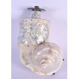 AN INDIAN GOA CARVED MOTHER OF PEARL AND SHELL POWDER FLASK. 20 cm x 13 cm.
