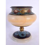 A 19TH CENTURY FRENCH CHAMPLEVE ENAMEL AND MARBLE VASE decorated with foliage. 13 cm x 11 cm.