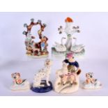 SIX ANTIQUE STAFFORDSHIRE FIGURES including a swan group. Largest 21 cm x 10 cm. (6)