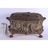 A VERY LARGE MID 19TH CENTURY ENGLISH SILVERED BRONZE CASKET decorated with figures in relief. 40 cm
