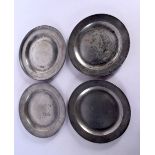 FOUR ANTIQUE PEWTER PLATES. 21 cm diameter. (4)