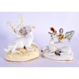 TWO 19TH CENTURY ENGLISH WHITE GLAZED POTTERY ANIMALS possibly Derby. Largest 13 cm x 7 cm. (2)