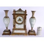A FINE LARGE 19TH CENTURY FRENCH CHAMPLEVE ENAMEL AND PORCELAIN CLOCK GARNITURE depicting figures wi