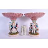 A LARGE PAIR OF 19TH CENTURY GERMAN PORCELAIN FIGURAL COMPORTS painted with winged angels in flight.