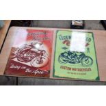 A pair of large contemporary enamelled metal motorcycle related signs 70 x 50 cm. (2).