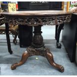 A FINE AND RARE 19TH CENTURY CHINESE CARVED HARDWOOD MARBLE INSET TABLE upon a wonderfully carved ac