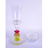 A STYLISH MULTI COLOUR CRYSTAL GLASS WINE GOBLET together with a smaller art glass bowl. Largest 22