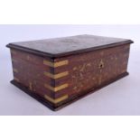 A 19TH CENTURY ANGLO INDIAN BRASS INLAID HARDWOOD CASKET decorated with foliage. 24 cm x 14 cm.