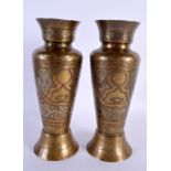 A PAIR ANTIQUE MIDDLE EASTERN CAIRO WARE BRASS VASES. 25 cm high.
