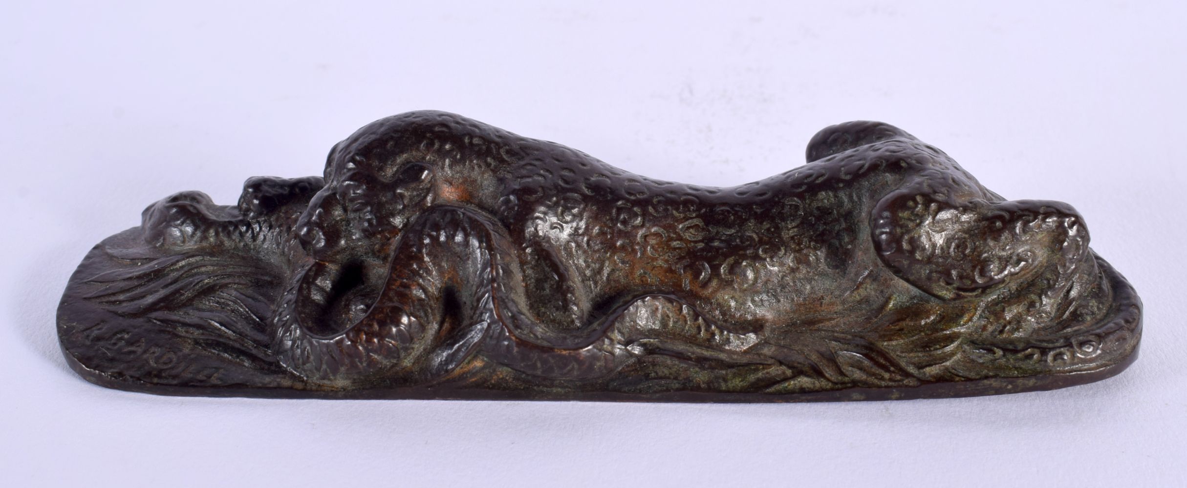 R Gardille (C1920) Bronze, Cheetah with snake. 12 cm wide.