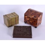 AN UNUSUAL ANTIQUE BRONZE TREASURE CHEST together with a parquetry chest etc. Largest 12 cm x 10 cm.