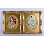 A PAIR OF 19TH CENTURY FRAMED AND EMBROIDERED SILK WORK PICTURES depicting figures in a landscape. 3