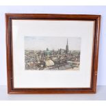 A framed coloured etching of London, indistinctly signed. 19 x 32cm.