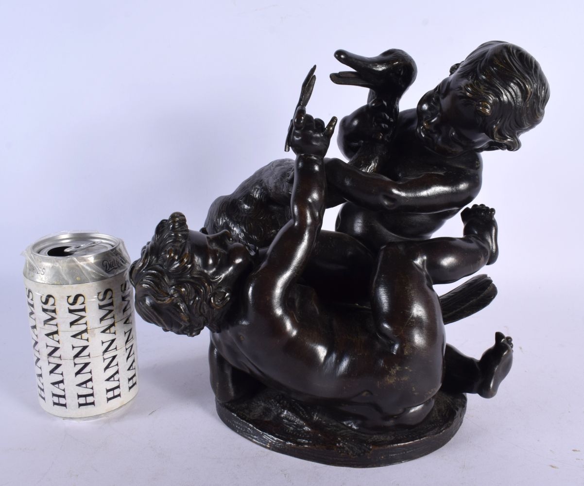A LARGE 19TH CENTURY FRENCH BRONZE FIGURE OF WRESTLING PUTTI modelled grappling with a swan. 26 cm x