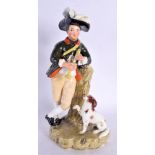 ROCKINGHAM FIGURE OF A BOY IN UNIFORM WITH A FEATHERED HAT, HOLDING A PIPE AND LEANING AGAINST A TRE