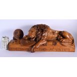 A FINE AND RARE LARGE 19TH CENTURY SWISS CARVED WOOD SCULPTURE OF LION LUCERNE modelled typically ov