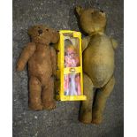 TWO VINTAGE TEDDY BEARS and a puppet. (3)