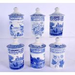 A SET OF SIX SPODE BLUE AND WHITE PORCELAIN SPICE BOXES AND COVERS. 11.5 cm high. (6)