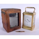 A FINE ANTIQUE REPEATING BRASS TRIPLE DIAL J W BENSON CARRIAGE CLOCK. 19 cm high inc handle.