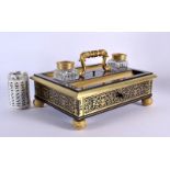 AN EARLY 19TH CENTURY FRENCH GILT METAL INLAID ORMOLU DESK STAND. 32 cm x 15 cm.