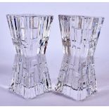 A PAIR OF BOXED ORREFORS GLASS CANDLESTICKS. 15 cm high.