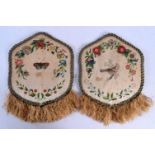 A PAIR OF REGENCY SILK PAINTED EMBROIDERED PANELS depicting birds. 24 cm x 18 cm.