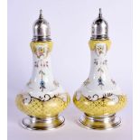 A PAIR OF EARLY 20TH CENTURY SILVER MOUNTED PORCELAIN CONDIMENTS. 162 grams. 13.5 cm high.