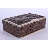 A LOVELY EARLY 18TH CENTURY DUTCH CARVED TREEN WOOD BOX AND COVER C1727, with silver mounts. 12 cm x