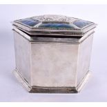 AN OMAR RAMSDEN SILVER AND ENAMEL TOBACCO BOX AND COVER. London 1910. 720 grams. 15 cm x 12 cm.