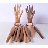 Two vintage Glove shop display stands together with wooden glove stretchers (10)