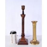 A brass candlestick possibly 18th Century together with a metal column style lampstand 36.5 cm (2).