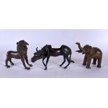 THREE 19TH CENTURY INDIAN BRONZE FIGURES depicting animals. Largest 15 cm x 8 cm. (3)
