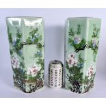 A LARGE PAIR OF 19TH CENTURY JAPANESE MEIJI PERIOD CELADON VASES painted with foliage. 30 cm high.