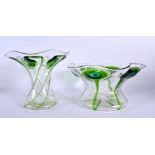TWO ART NOUVEAU GREEN GLASS BOWL with matching vase. Largest 13 cm x 23 cm. (2)