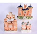 A LARGE ANTIQUE STAFFORDSHIRE COUNTRY HOUSE together with three other similar models. Largest 18 cm