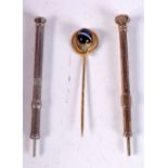 TWO PROPELLING PENCILS AND AN AGATE STICK PIN Largest 9.5cm x 0.8cm (3)