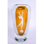 A STYLISH ART DECO AMBER AND CLEAR GLASS VASE depicting a dancer. 21 cm high.