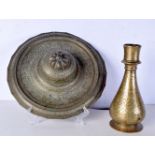 An early Middle Eastern embossed vase together with an Islamic bronze pot lid 25 cm
