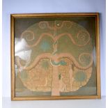 A large framed printed silk depiction of Adam & Eve in the garden of Eden. Indistinctly signed, 84 x