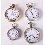 THREE SILVER CASED POCKET WATCHES TOGETHER WITH A 10CT GOLD PLATED POCKET WATCH. Hallmarked Birming