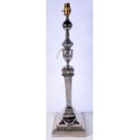A VERY LARGE ANTIQUE CORINTHIAN COLUMN SILVER PLATED CANDLESTICK. 60 cm high.