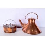 A set of weights in a fitted wooden case. Together with a Dresser style copper kettle 22 x 22 cm. (2