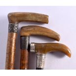 THREE 19TH CENTURY MIDDLE EASTERN CARVED RHINOCEROS HORN WALKING CANES. 90 cm long. (3)