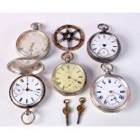 FIVE SILVER POCKET WATCHES. Various marks, largest dial 5.4cm, total weight 497g (qty)